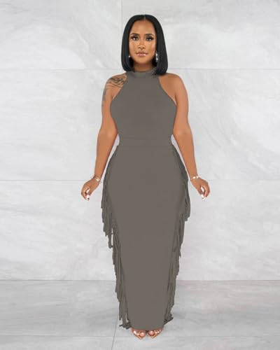 Image of 2 Piece Outfits for Women Sexy Halter Neck Sleeveless Crop Tops Ruched Bodycon Dresses Jumpsuits Fringe Skirt Sets