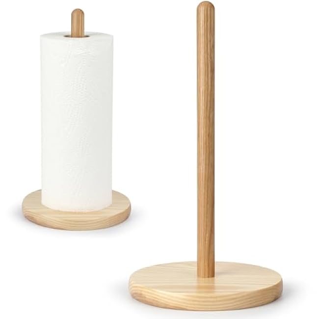 Paper Towel Holder for Kitchen Countertop, Freestanding Wooden Holder for Standard & Jumbo Rolls, Natural White Ash Wood, Non-Slip Base(B075)