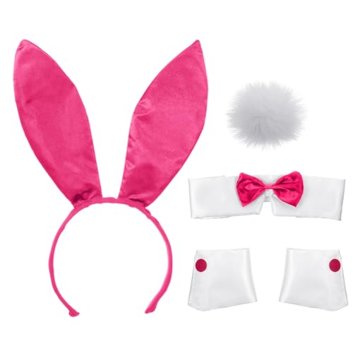 SATINIOR Bunny Costume Set Rabbit Ear Headband Collar Bow Tie Costume Cuffs Rabbit Tail for Halloween Party(Rose Red)