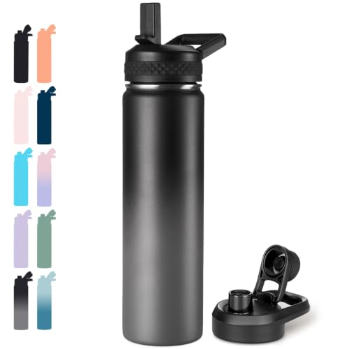 Image of Fijinhom 24 oz Insulated Water Bottle with Handle, 304 Stainless Steel Water Bottles with 2 Lids, Double Wall Vacuum Sports Water Cup with Straw, BPA Free, Keep Cold and Hot, Black /Gray
