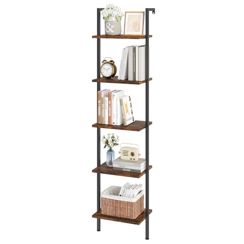 ELYKEN Ladder Shelf, 5-Tier Wood Wall Mounted Bookshelf with Metal Frame, Vintage Open Display Organizer Rack, Leaning Storage Shelves for Living Room, Bedroom, Home Office, Rustic Brown