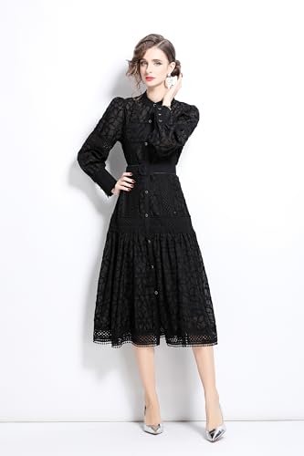 Image of LAI MENG FIVE CATS Women's Round Neck Lantern Sleeves Embroidery Button Layered Lace Hem Midi Dress with Belt