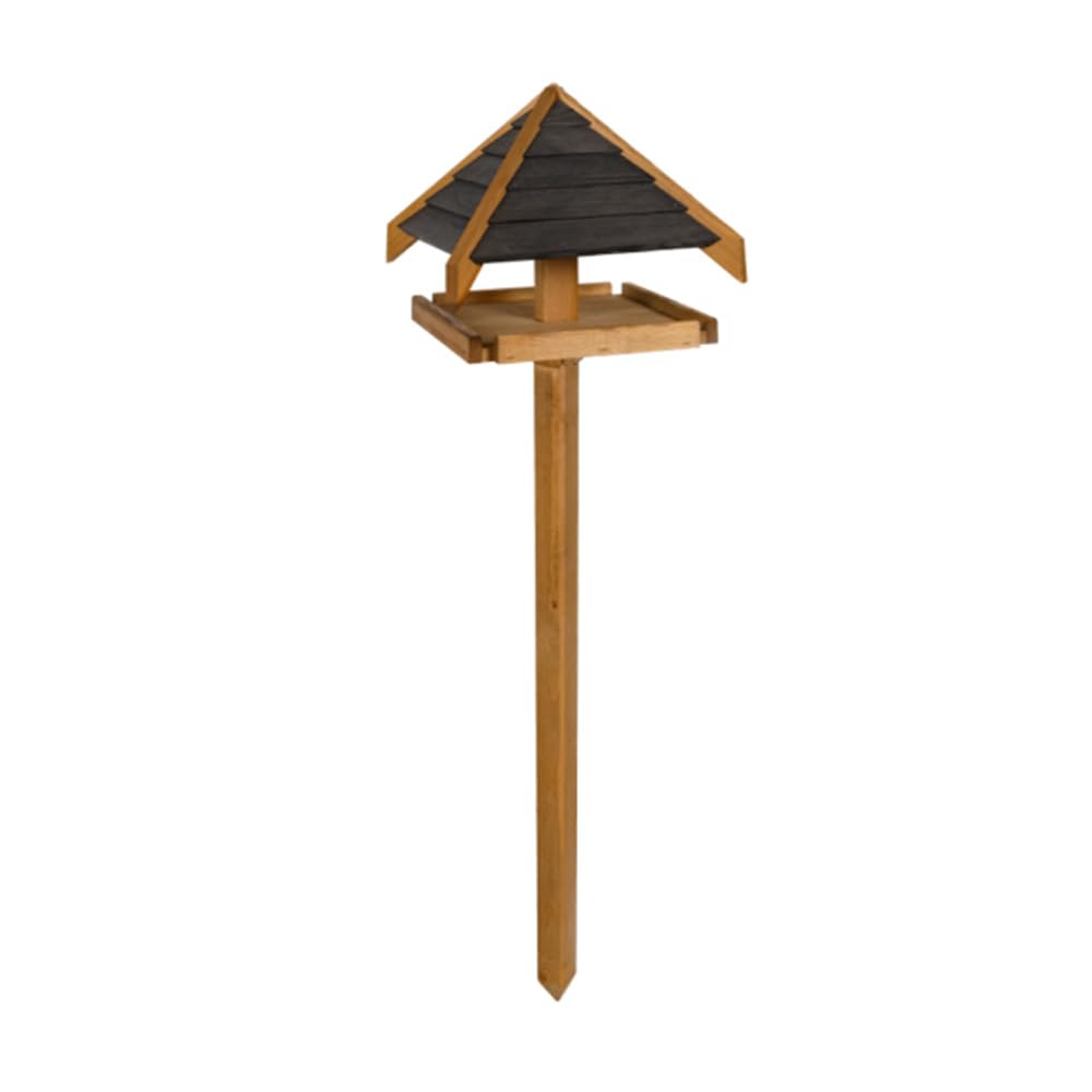 Green Feathers Handcrafted Wooden Pine & Charcoal Bird Table with Sheltered Roof & Mounting Stake for Outdoor Garden - Feeding Station for Small to Medium Birds (Charcoal Roof Bird Table)