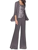 Women's 3 Pieces Lace Mother of Bride Dress Pant Suits with Jacket Gray 20W