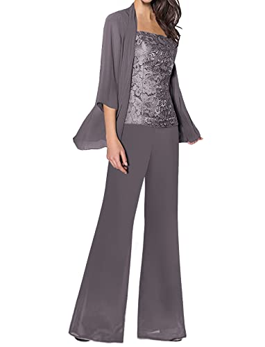 Women's 3 Pieces Lace Mother Of Bride Dress Pant Suits With Jacket Gray 20W #TOP16