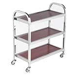 Carrito de cocina de acero inoxidable de 3 niveles con parte superior de madera, carrito de servicio con ruedas, carrito utilitario con freno para comedor, cocina y soluciones de almacenamiento