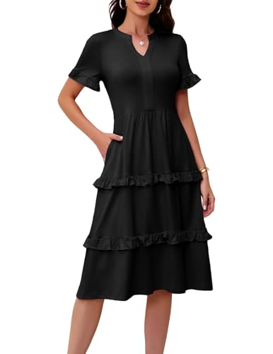 DRESSTELLS Women Summer Casual Dress Ruffle Sleeve V Neck Midi Dr...