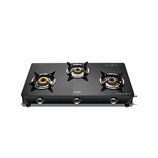 Preethi Valentino Glass top 3 Burner Gas Stove, Manual Ignition, Black (ISI Approved with Life Time Warranty on Glass & Burner)