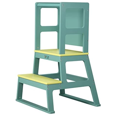 Baby Vivo Learning Tower with Blackboard - for Children Step Stool Montessori Kids and Toddlers with Safety Rail Children Standing Tower for Kitchen Counter Parents Helper Stand Learning in Mint Green Cover