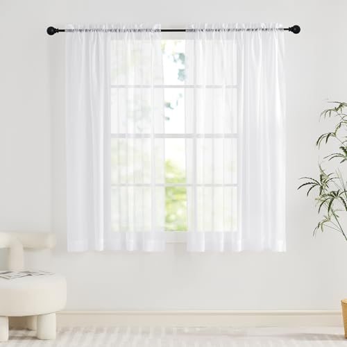 PONY DANCE White Net Curtains for Windows 54 Drop - Slot Top Voile Curtains Lightweight Sheer Panels for Kitchen Cafe 60x54 Inches (152x137cm) 2 Panels