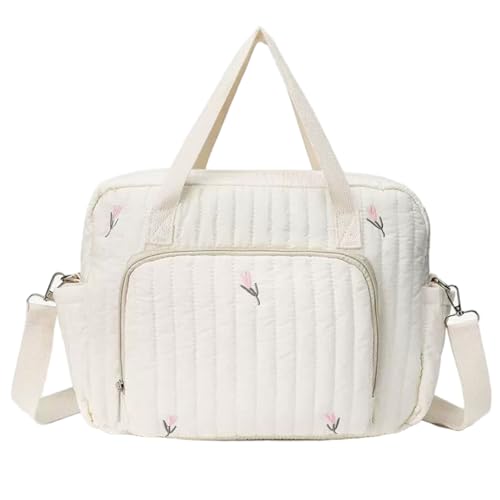 Bolsa de pañales acolchada con bordados de alta calidad y correa ajustable en tono beige