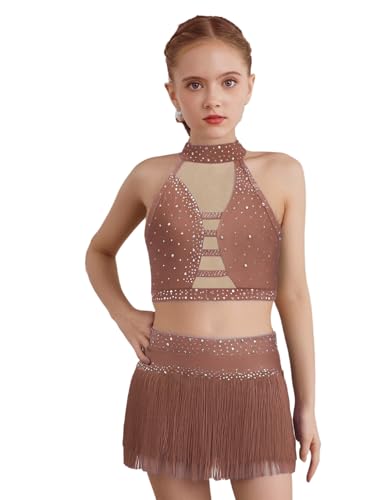 Costume danse latin fille rose avec haut et jupe à franges pour compétition 13-14 ans