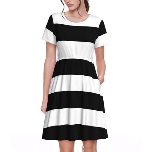 Robe décontractée à manches courtes à rayures noires et blanches pour femme