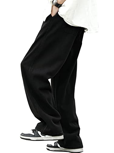 [eternal cycle] エターナル サイクル ワイドデニム デニムパンツ ジーンズ メンズ デニム パンツ ゆったり ルーズシルエット ワイド ジーパン バギー バギーパンツ カジュアルEC-004 (L, ブラック)