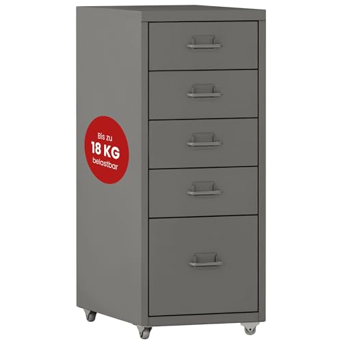 [en.casa] Rollcontainer Kökar Schubladenschrank Metall Aktenschrank mit 5 Schubladen Bürowagen mit Rollen für Arbeitszimmer 69 x 28 x 41 cm Grau