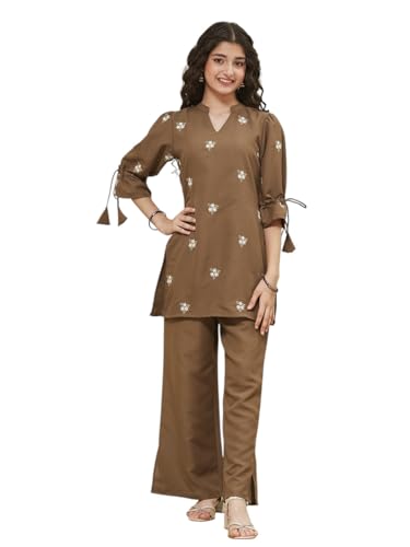 Image of Girls Floral Embroidered Kurta and Palazzo Pants Co-ord Set with V Neck Elegant Traditional Outfit for Festive and Functions