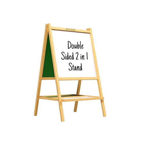 Image of Amazon Brand - Solimo 2 in 1 Double Sided Wooden Easel Stand, Whiteboard and Chalkboard, A-Type Foldable, 80 cm x 40 cm, with Tray, for Kids (Kids (Ages 0 to 12 Years), Pack of 1 Item)