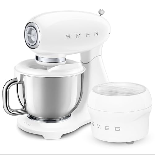 Smeg, Pétrisseur planétaire Full Color SMF05WHEU, 10 niveaux de vitesse, fonction lisse et mix, bol de 4,8 L, bloc moteur, 3 fouets et crochet pétreur, 800 W, blanc