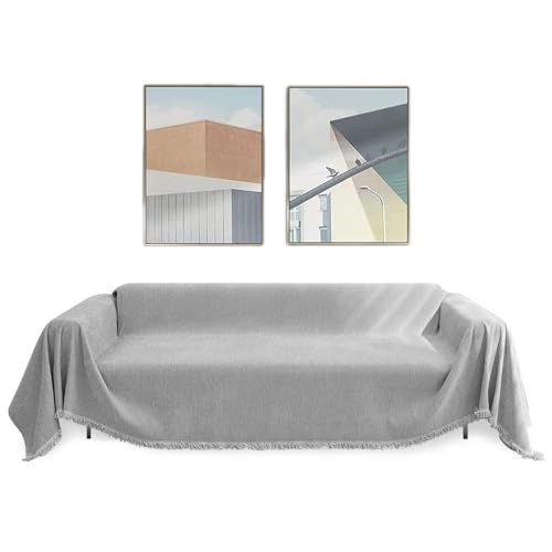 INFOSUN Cotton Sofa Couch Cover, Thickened Chenille Sofa Slipcoversfor Pets Kids, Sofa Towel Fabric Sofa Blanket Shawl with Tassels Soft Warm Cover for Sofa Bedding Room Decoration(Grey, 71" X134")