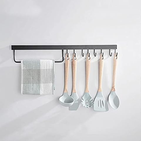 Kitchen Rack No Drilling, Utensil Organiser Rack for Wall, Kitchen Cookware Accessories Storage with Hooks, Wall Mounted, Bathroom Tidy Organiser (Black, 40cm) Cover