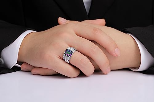 Rylos Men's Rings Sterling Silver Designer Style 10X8MM Emerald Cut Shape Gemstone & Diamonds - Color Stone Birthstone Rings for Men, Sizes 8-13.2