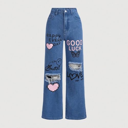 Girl's High Waisted Ripped Wide Leg Denim Pants Casual Loose Jeans Cute Heart Graphic Letter Printed Distressed Jeans3