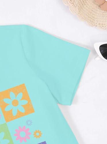 Image of Girls Graphic Tees Summer Short Sleeve Tops Casual Cute Flower Shirt Green 7-8 Years
