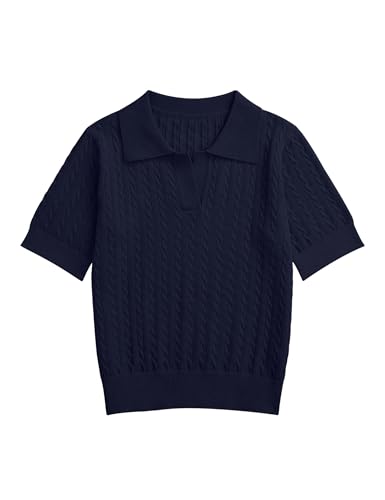 Image of Girls Short Sleeve Polo Shirt Summer Knit School Uniform Blouse V Neck Cable Pullover Sweater Tops 5-14 Years