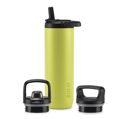 Image of ZULU Base 24oz Stainless Steel Water Bottle with 3 Lids- Straw, Chug, Twist | Double Walled and Vacuum Insulated Metal Thermos | Fits Car Cupholder, Built in Carry Loop, Dishwasher Safe, Guac