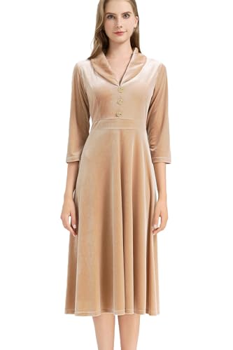 AXOE Damen Vintage Samt Kleid 50er Jahre Elegant A Linie Pastellfarben Midi 3/4 Arm für Festlich Cocktail Hochzeitsgäst Champagner, Gr.50, 4XL