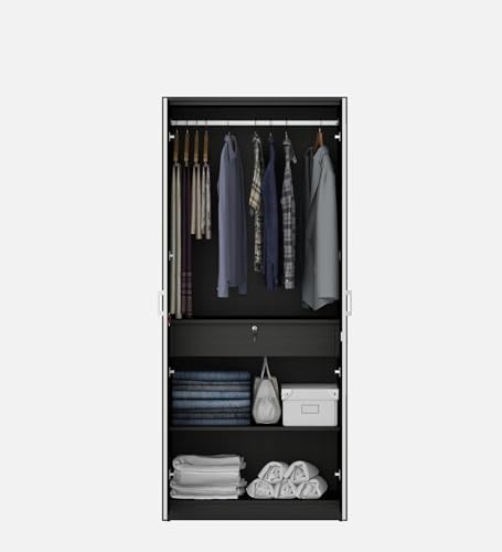 Image of Spacewood Dew Wardrobe | 3 Year Warranty | Almirah, Cupboard, Almari, 2 Door Wardrobe with Mirror, 1 Drawer (1 Lock Drawer) and 1 Hanging Space|Engineered Wood| Natural Wenge