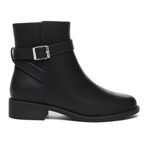 Athlefit Women's Ankle Boots Chunky Low Heel Fashion Round Toe Buckle leather Booties2