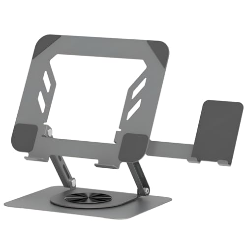 Image of Dyazo 360 2-in-1 Laptop Stand with Detachable Mobile Holder | Multi Adjustable Height & Angle, Foldable Metal Design with Cooling Vents | Compatible for MacBook, HP, Dell, Acer, Lenovo & More (Grey)