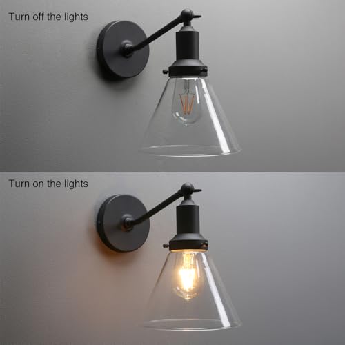 Image of PERMO Industrial Vintage Slope Pole Wall Mount Single Sconce with Funnel Flared Clear Glass Shade Wall Sconce Light Lamp Fixture (Matte Black)