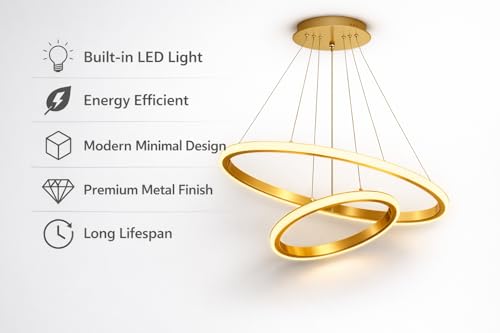 Image of Sinoman Modern Gold Double Ring LED Chandelier Light, Luxury Circular Ceiling Hanging Light Fixture, Adjustable Suspension, 3 in 1 color changing Built-in LED Pendant Lamp for Living Room, Dining Room