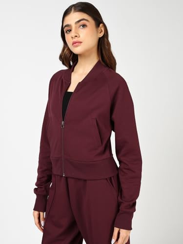 Image of Bewakoof Women's Solid Regular Fit Raglan Sleeve High Neck Polycotton Crop Zipper Sweatshirt