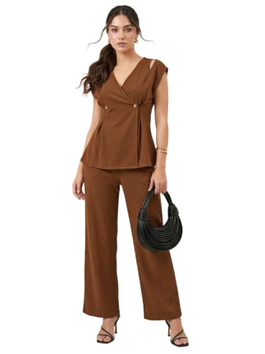 Image of Selvia Women's Solid Wrap Style Top with Wide Leg Trousers Co-Ord Set