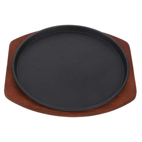Hemobllo Placa de Hierro Fundido con Base de Madera Sartén Redondo para Asar Filetes y Pescado la Parrilla Bandeja Resistente para Servir Carne para Barbacoas y Comidas Familiares