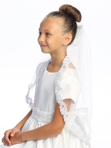 Swea Pea & Lilli Girls First Communion Veil - White Holy 1st Communion Headpiece with Comb, Corded Lace Trim, and Rhinestone Accents4