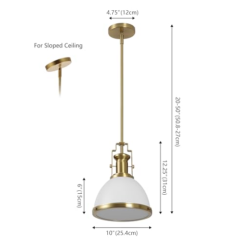 Image of JONATHAN Y Homer Industrial Dome Pendant 10 inch, White /Brass Gold | 1-Light, Farmhouse Style, Adjustable Hanging Height, Glass Diffuser, Sloped Ceiling Compatible, Metal, LED Bulb Included