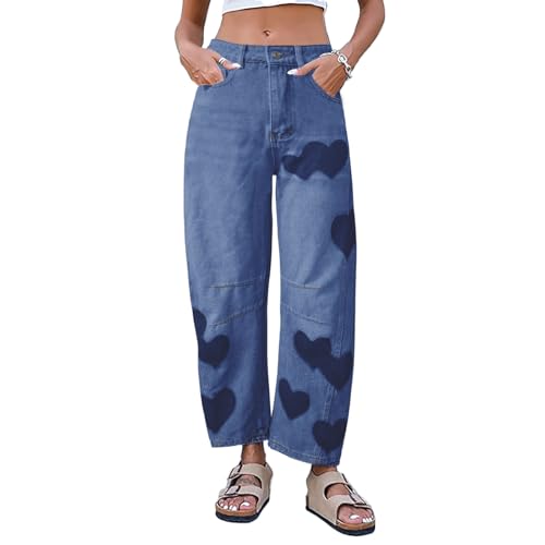 Straight Leg Jeans for Women High Waist Heart Printed Baggy Denim Pants Vintage Seam Front Wide Leg Jeans