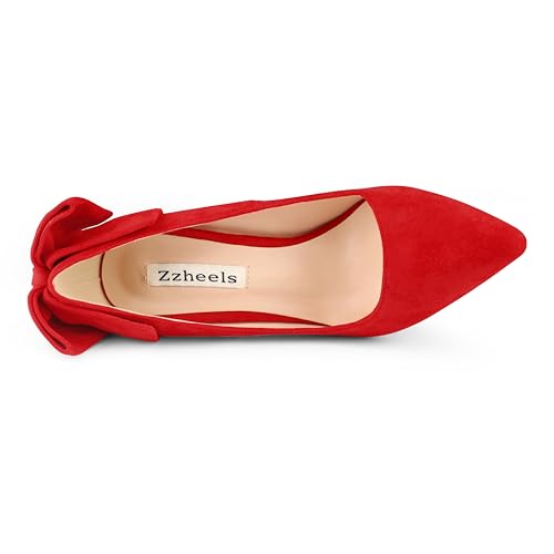 Image of Zzheels Women's Bow Heels Pointed Toe Chunky Pumps | Back Bow, Flare Heels, Block Heels, Bridal Wedding Shoes