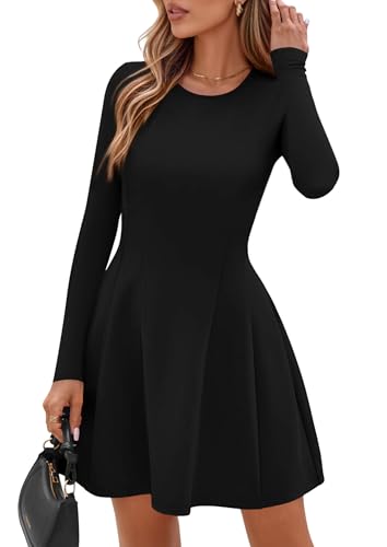 PRETTYGARDEN Long Sleeve Mini Dress for Women 2025 Fall Crewneck Knit Pleated Babydoll A Line Soft Casual Short Party Dresses3