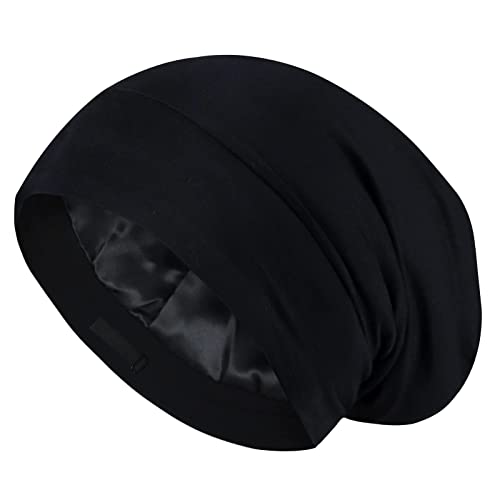 Kenllas Large sleep cap for men - Adjustable Satin & Bamboo Night Bonnet for Curly Dreadlock Braid Hair (Black)