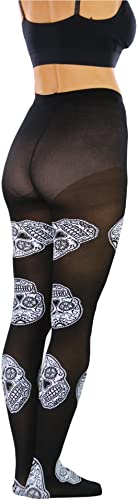 Image of ToBeInStyle Women's Sugar Skull Dia de los Muertos La Catrina Skeleton Bones Tights & Thigh High Stockings