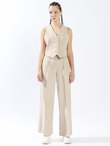 Image of High Star Women Solid Regular length Tailored Fit V neck Sleeveless Waistcoat and Wide leg Trouser Co-ord Set