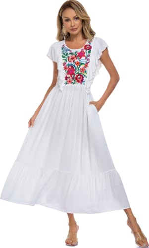 Image of Women's Summer Maxi Dress Casual Floral Embroidered Round Neck Short Sleeve Ruffle Tiered Dress Flowy Boho Beach Sundress