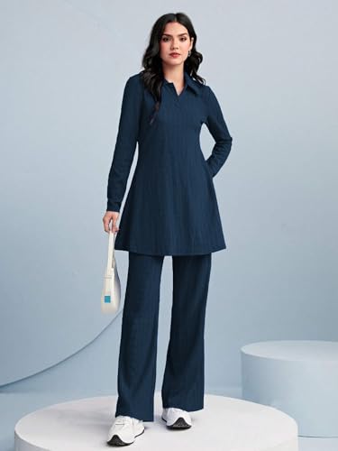 Image of TADKEE Women's Solid Color Two-Piece Set | Long Sleeve Top & Wide Leg Pants Co-ord Set | Casual Wear Co ord Set