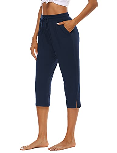 THANTH Womens Capri Yoga Pants Loose Drawstring Comfy Lounge Pajama Capris Workout Jersey Joggers Pants with Pockets