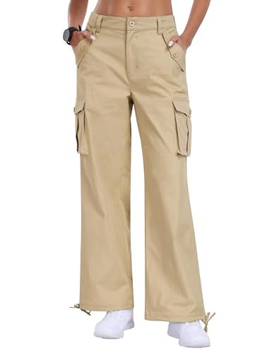 MoFiz Damen Cargo Hose Weites Bein Freizeithose Baumwolle Atmungsaktiv Arbeit Militär Wanderhose Outdoorhose Mehrere Taschen Elastische Taille Khaki Größe EU XXL=US XL